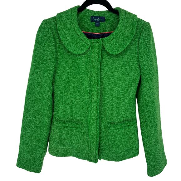 Boden 100% Wool Green Boucle Fabric Jacket Faux Pockets Hollidays Preppy XS - Picture 1 of 12